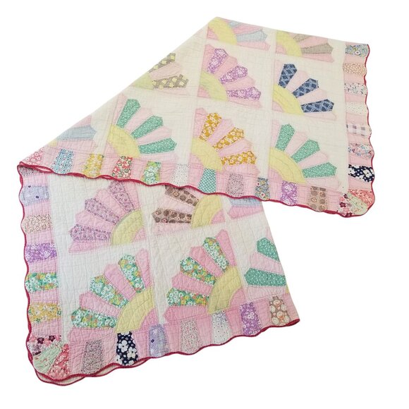 Vintage Quilt 1930s Fan Motif Handsewn w/20s-30s Cotton Fabrics - Picture 16 of 16